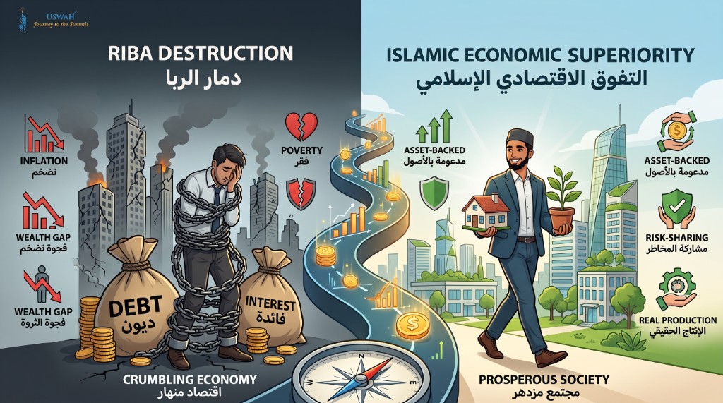 مخطط معلوماتي يقارن دمار الربا والتضخم مع التفوق الاقتصادي الإسلامي والمشاركة في المخاطر والإنتاج الحقيقي